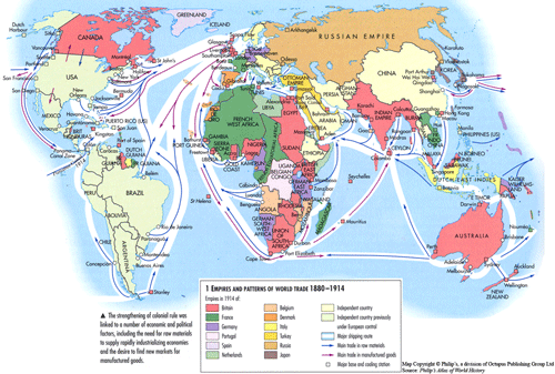 world map color trade routes 1880 to 1914