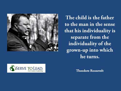 theodore roosevelt speaking emphatic black and white blue background quote child is the father to the man from serve to lead