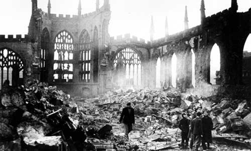 coventry cathedral destruction black and white nazi bombing responders on scene