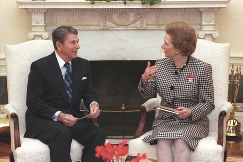 ronald reagan margaret thatcher color seated oval office in conversation