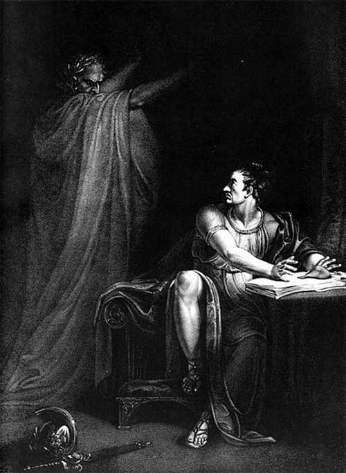 black and white engraving julius caesar ghost brutus haunted william shakespeare