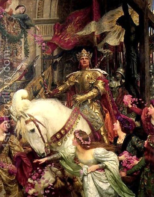 pre world war i united kingdom color painting nobleman on white horse surrounded by women roses artist dicksee