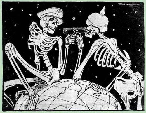 world war one cartoon skeletons of death military helmet hat toasting on top of earth background dark sky with stars