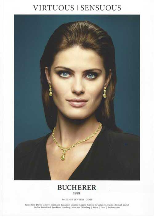 bucherer color advertisement beautiful woman model headshot with necklace earrings virtuous sensuous