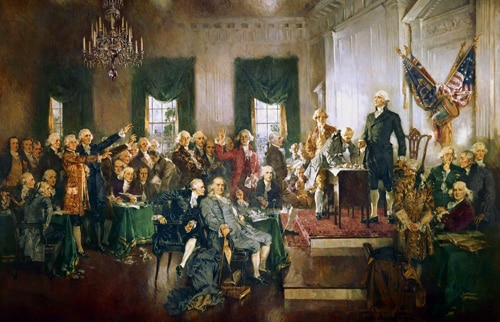 constitution signing 1787 color painting stylized george washington standing american flag franklin founders