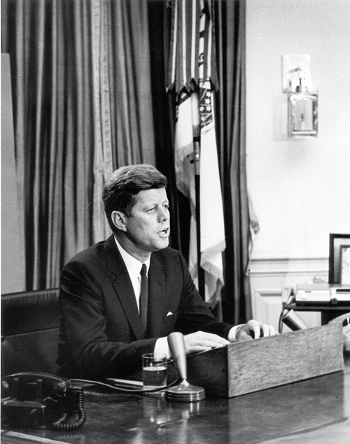 john f kennedy black and white seated desk oval office microphone speaking civil rights 1963