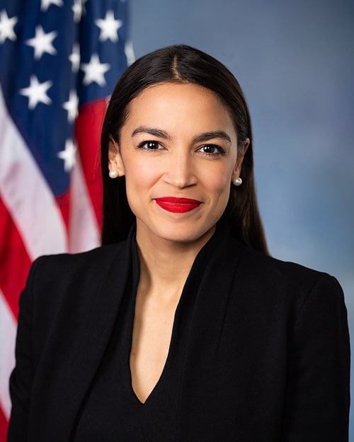 alexandria ocasio cortez color official portrait smiling black blouse flag background