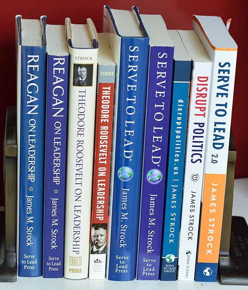 James Strock books in row vertical color via@servetolead.com