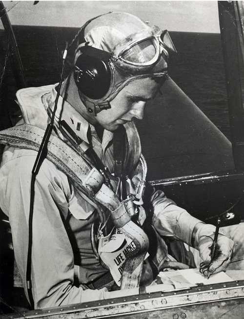 george hw bush young black and white pilot cockpit writing world war ii 1944