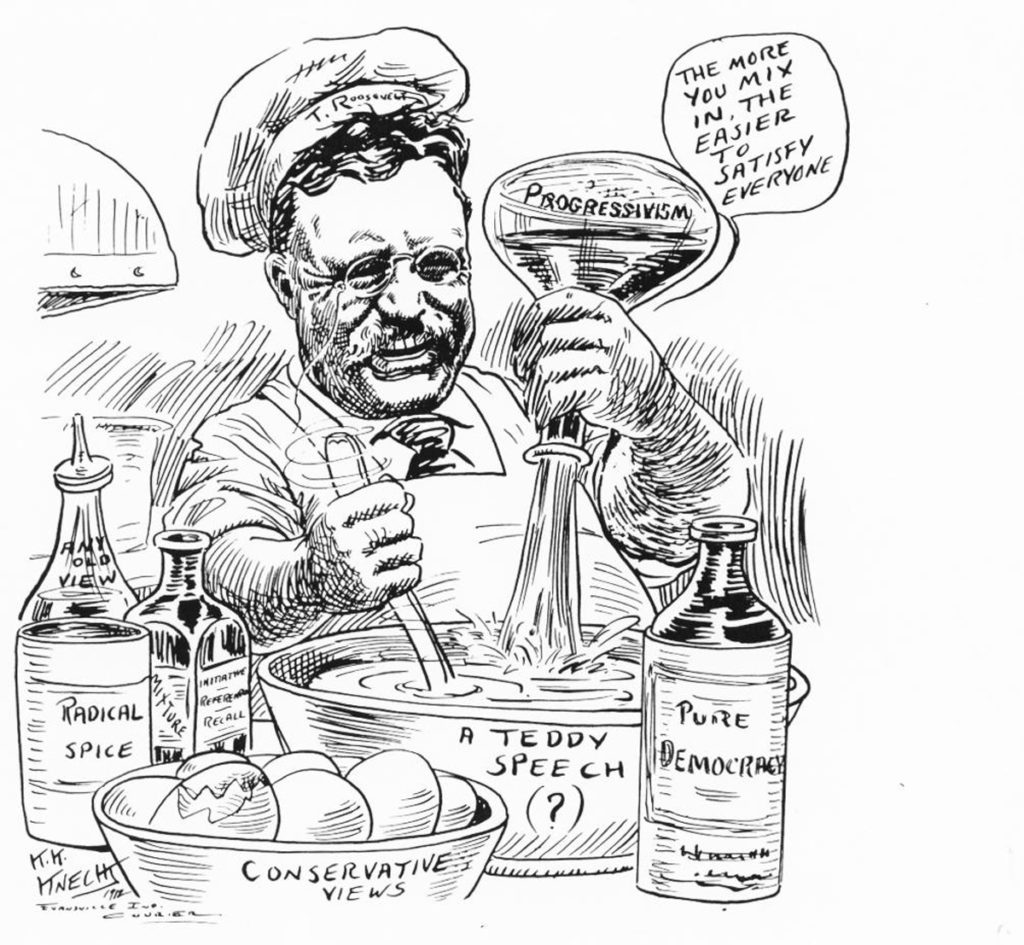 theodore roosevelt cartoon in kitchen mixing left and right views into a teddy speech 1912 via servetolead.com