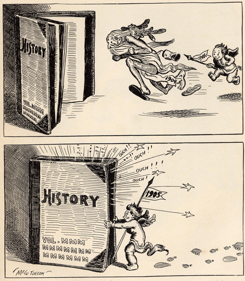 new_year_cartoon_1905_old_year_closed_into_history_book_by_young_new_year_via servetolead.com